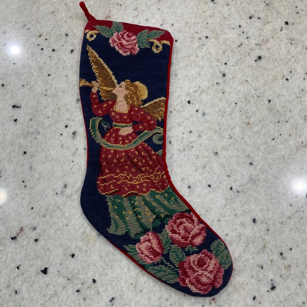 Vintage‎ Needlepoint Christmas Stocking Angel with Trumpet Roses Red Velvet Back